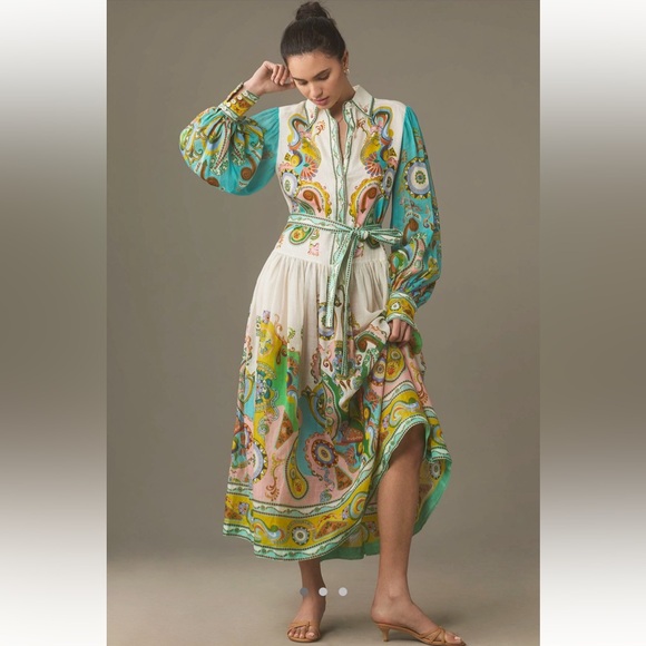 NWT ALÉMAIS Pinball Linen Paisley Print Belted MIDI Dress Sz 0 - Picture 2 of 16